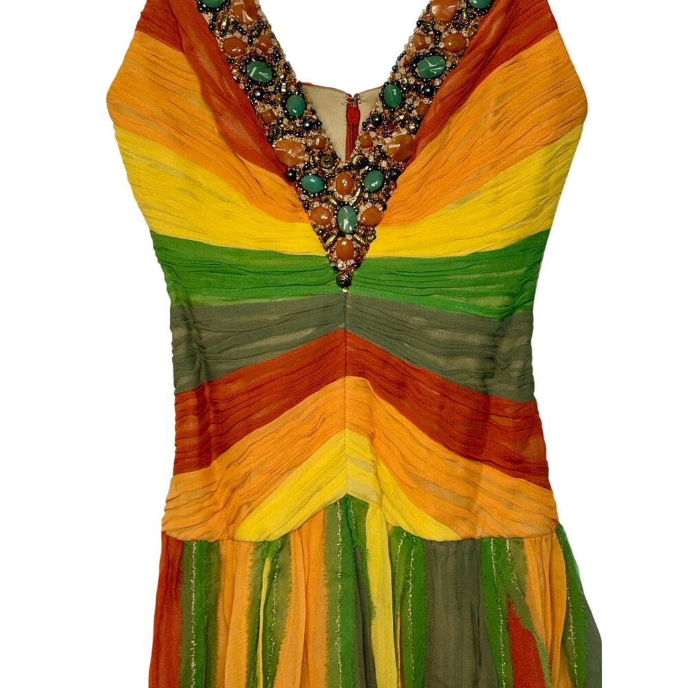 Beaded V-Neck Striped Midi Dress in Orange, Yellow & Green - Picture 3 of 15